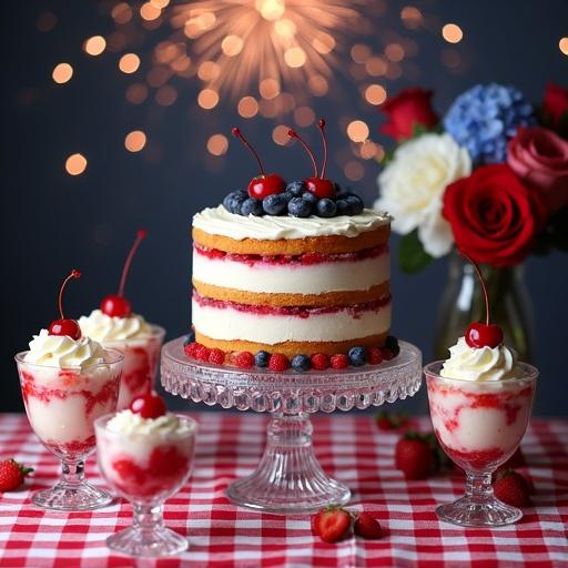 A multi-layer cake with white frosting, blueberries, strawberries, and cherries. Cake on a crystal stand. Parfait cups with vanilla ice cream, whipped cream, and cherry on top. All on a red and white checked tablecloth. A vase with red roses, white hydrangea, and blue carnations. Fireworks in the background.