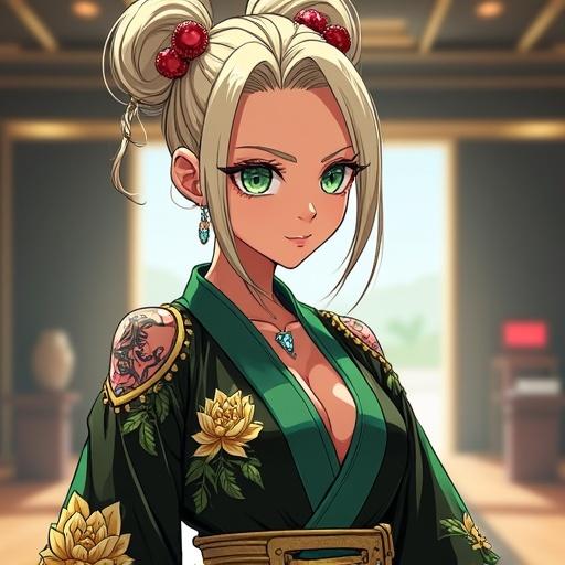 Anime character design of a woman aged 59. Unique blend of cultures with futuristic elements. Features light blonde French bun hairstyle decorated with jewelry. Stunning emerald green eyes and beautiful facial features. Dressed in a luxurious modern ninja kimono with traditional tattoos. Setting includes a martial arts dojo in a futuristic building. Powerfully designed character representing a ninja clan.