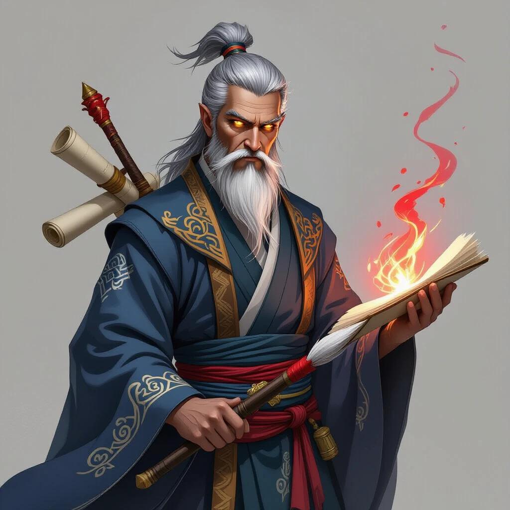 A tall wizard dressed in Asian robes standing confidently. Dark skin and long grayish-white hair. He has yellow eyes and holds a magic brush. Scrolls on his back emit a magical red aura. Noble patterns adorn his clothing. The atmosphere conveys mysticism and knowledge.