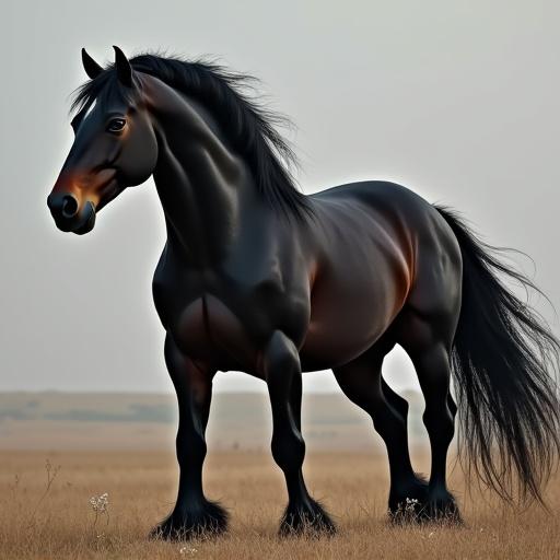 Image of an enormous horse with a muscular physique. Horse has fire-like eyes and a jet-black shimmering coat. Features an exceptionally long tail and a silky mane. Horse has an aggressive yet sculpted appearance.