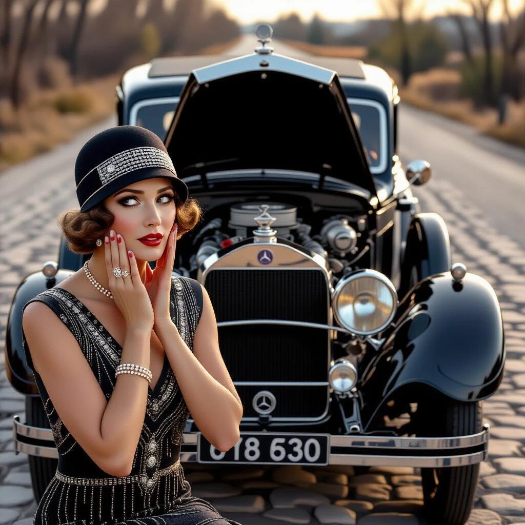 Photorealistic 1928 roadside scene. Socialite in cloche hat and beaded dress. Palms pressed to cheeks, staring bewildered at vintage Mercedes-Benz engine. Raised hood shows detailed engine. Ultra sharp details visible. Expression conveys comedic confusion. Shot with vintage camera in golden hour. Background features cobblestone road with vintage Citroen. Oil smear on cheek with rainbow refraction. Toolbox nearby.