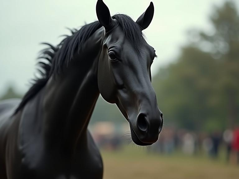 Black horse closeup seen from the ground. Soft lighting and blurred background. Captivating gaze of the horse. Ideal for equestrian themes.