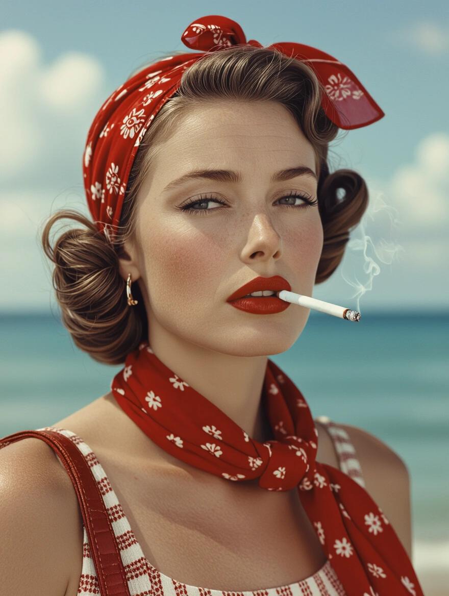 Hyper realistic photo featuring a woman styled in vintage summer fashion from the 1940s. Scene captured with a dreamy focus featuring an unlit cigarette not in the mouth. Attire includes a red scarf on the head and a big red bag. Background showcases a serene sea and sky. A waist shot composition, presented in sepia tones resembling an old photo format.
