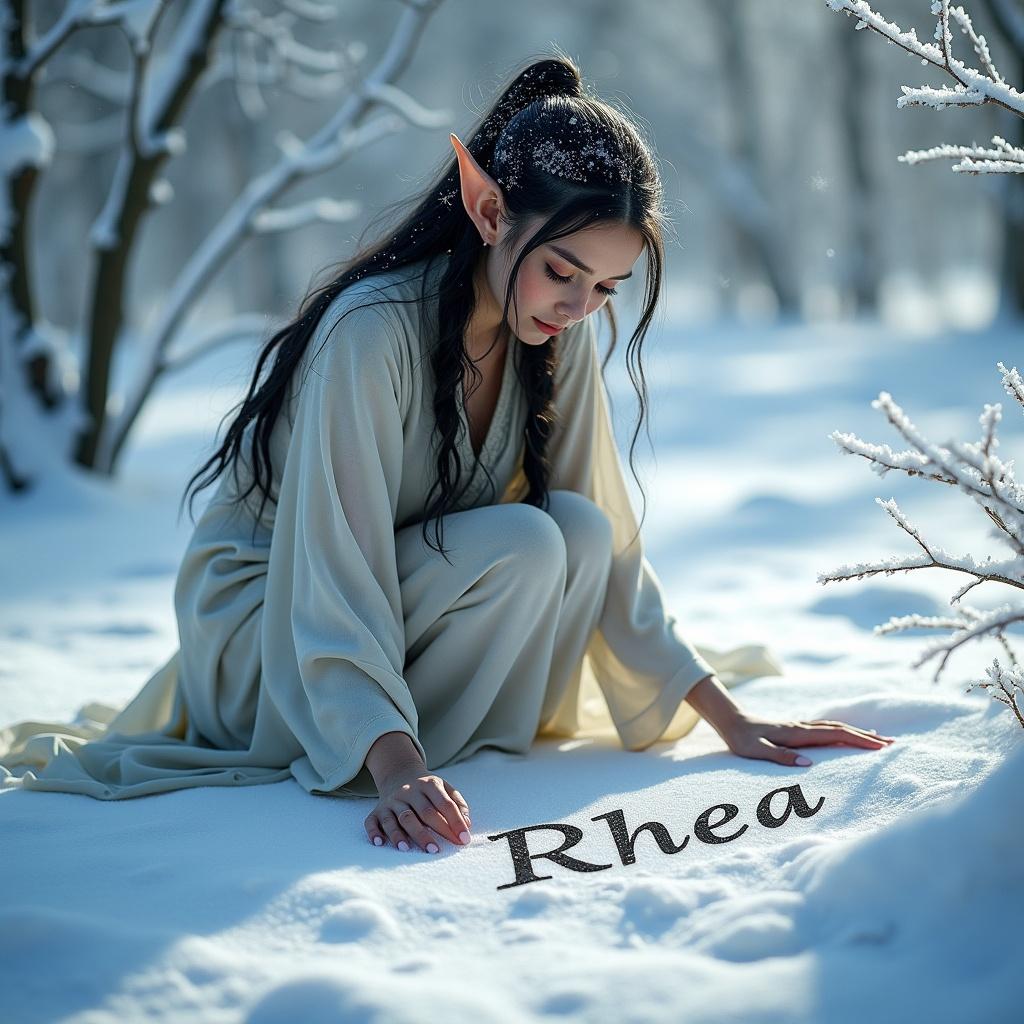 Elf writing the name Rhea in the snow in a winter scene. Soft winter light illuminates the peaceful setting. Elf features long ears and is dressed in a light-colored robe. Snow blankets the ground and trees. Calm and magical vibe surrounds.