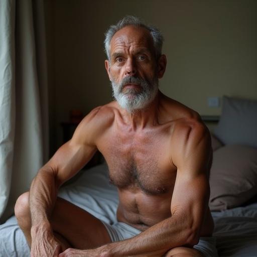 A fit 70 years old man with a hairy body is shirtless and wearing a soft brief. He is sitting in his bedroom with soft textures in high resolution.