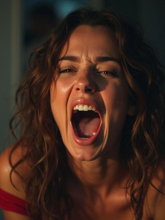 Close-up portrait of a woman with curly hair. She is screaming joyfully. Her mouth is wide open, and her expression conveys intense emotion. The background is softly blurred, creating focus on her face.