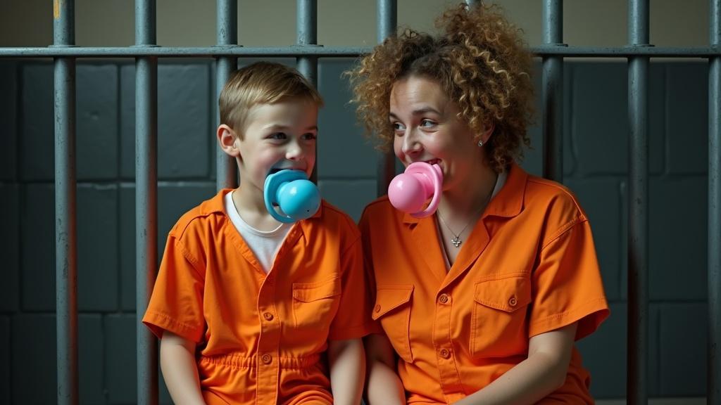 Mother and son in jail cell wearing orange jumpsuits oversized pacifiers. Happy expression as they talk about prison behavior rules. Warm lighting and playful mood.