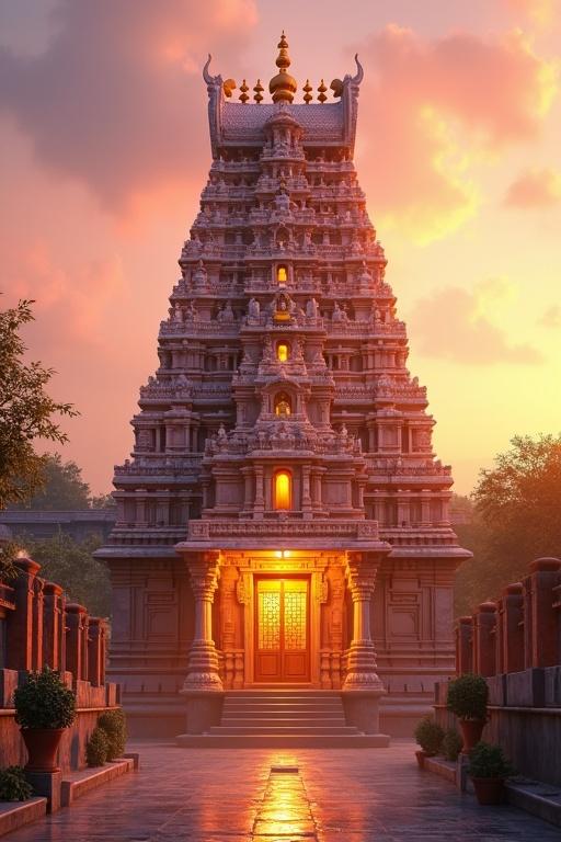 An ancient South Indian Hanuman temple illuminated by golden dawn light. Intricate stone carvings and towering gopuram highlighted. Serene atmosphere with vibrant colors. Captured in ultra-HD 4K.