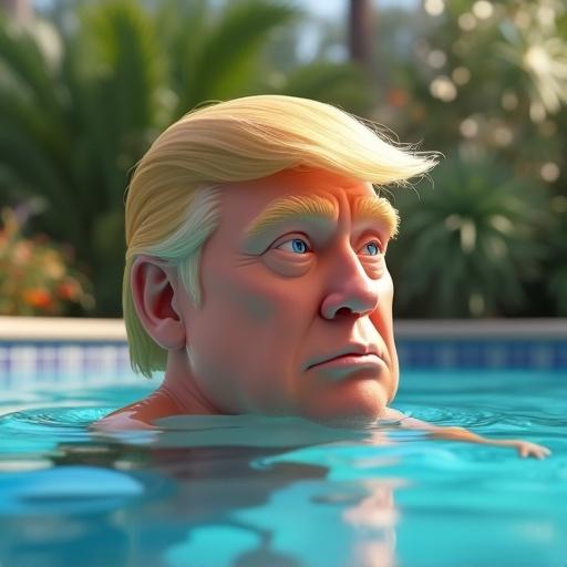 3D animated character resembling a political figure in a swimming pool surrounded by greenery
