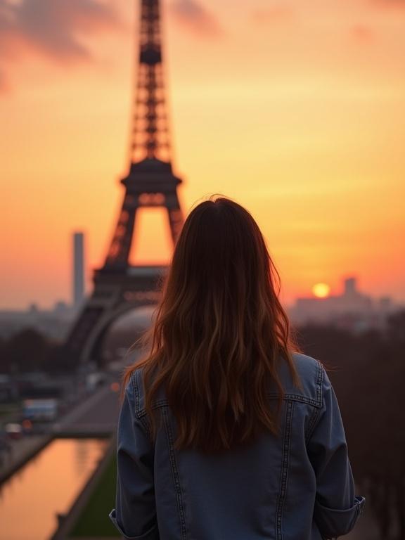A photo captures a girl gazing at the Eiffel Tower during sunset. The view shows detailed clothing. The tower stands majestically against a colorful sky.