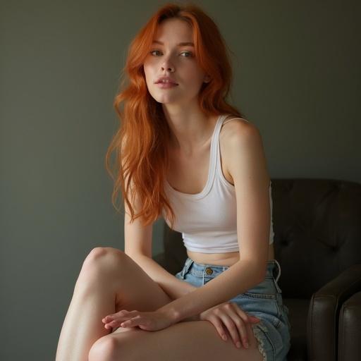A young woman with ginger hair is sitting on a chair. She crosses her legs and wears a simple white top. Soft lighting accentuates her features. The atmosphere is relaxed and casual.
