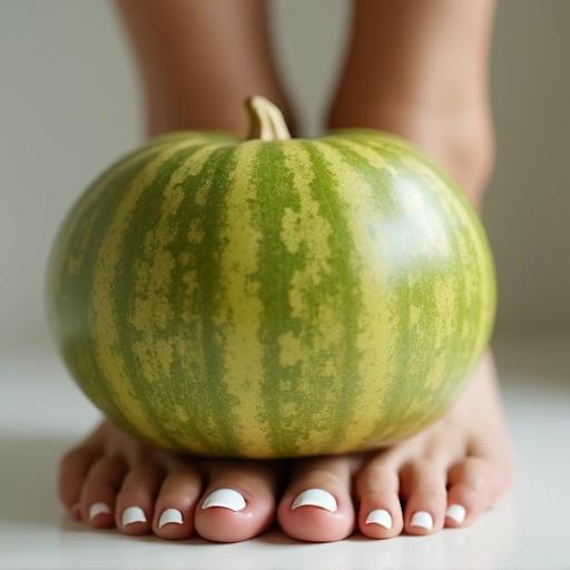 Green melon positioned on bare feet. Young woman has white toenail polish and a toering. The focus is on feet and melon. Soft lighting enhances the scene.