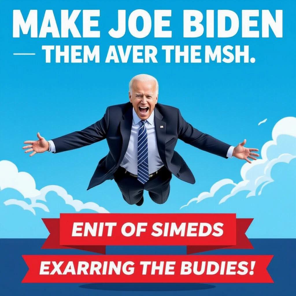 Joe Biden depicted as falling through the air with a dramatic expression. A bold blue sky serves as the background with white clouds. Red banners display humorous text related to the context. The visual conveys a sense of motion and urgency.