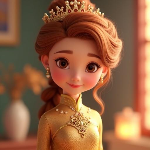 Ginger brown hair styled in a Chinese braid with a luxurious gold dress. Character features a 7-neck collar, long sleeves, a 3D crown, and pearl decoration. Large expressive eyes and sharp facial features. Background is blurred with cinematic softness, creating depth of field. Scene is in the style of a 3D Disney digital painting with vivid colors and happy atmosphere.