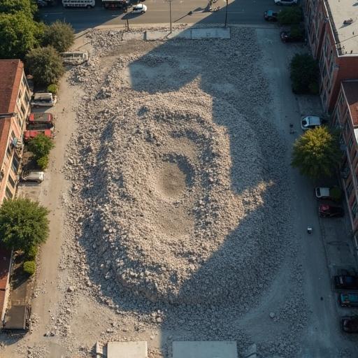 High-angle aerial image showing a former Alexandrian city block now covered in a mound of rubble. Mound consists of pulverized concrete twisted rebar and debris. No building structures are visible only chaotic rubble blending with surrounding intact streets. Harsh dawn light creates shadows.