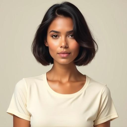High resolution photorealistic portrait of a Latin woman with short hair styled in a sleek, softly textured cut. She is wearing a plain cream-colored T-shirt with short sleeves, visible from head to just below the chest. Subject is centered in a full frontal view with a neutral expression. Rich brown complexion, subtle highlights, full lips, prominent cheekbones, slightly wider nose, dark eyes with natural lashes. Well-lit composition with sharp details, minimalistic background.