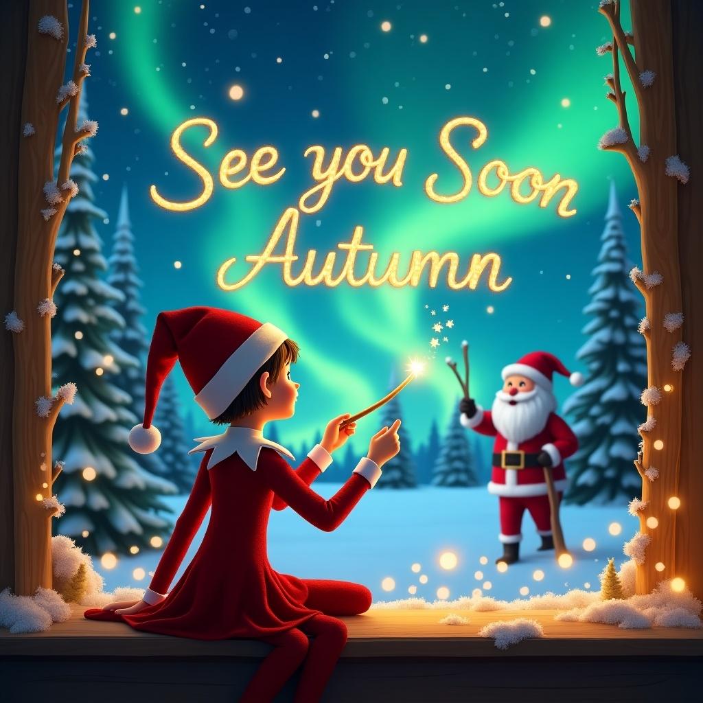 Elf girl facing the sky with a magic wand. Magical Christmas background with northern lights and Santa. Text in the sky says 'See you Soon Autumn'.