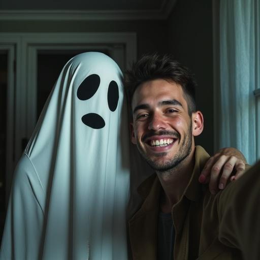 A ghost and a person taking a selfie in a ghost house. The ghost is dressed in a white sheet with eye holes. Both subjects are smiling. The background has good contrast and a cozy atmosphere.