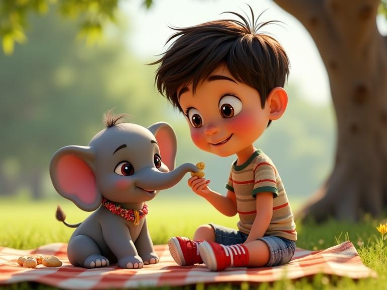 A 7-year-old boy with dark brown hair and a playful expression sits on a picnic blanket with a baby elephant. They share peanuts under a tree. The boy wears a striped shirt and denim shorts. The elephant has gray skin with pink accents.