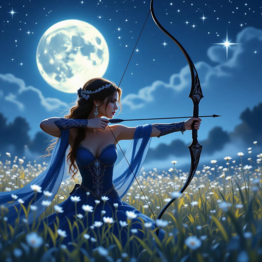 Moonlit archer draws a black-silver bow in a field of wildflowers. Her face shows calm focus. Sapphire gown reflects moonlight. Full moon illuminates the scene. Soft silver fog rolls through the field. Stars shimmer like crosses. Fantasy realism style creates a serene atmosphere.
