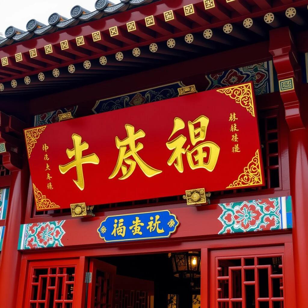 A red wooden Chinese sign with intricate gold art. The sign features Chinese characters representing prosperity and is part of an ornate wooden structure. The sign is prominent in a traditional setting. Bright colors highlight the craftsmanship.