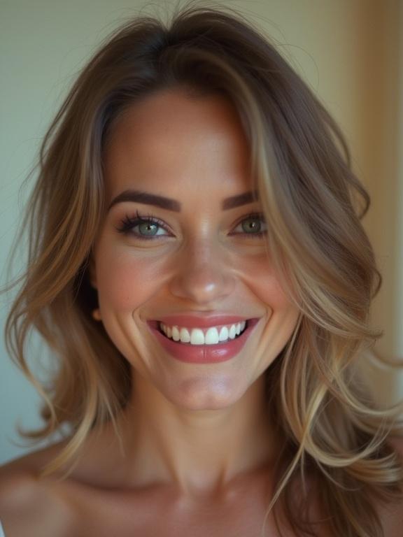 A woman with long blonde hair and bright green eyes smiles warmly at the camera. She has a casual, natural look with soft lighting emphasizing her features. The background is neutral, putting focus on her expression. Details show a relaxed demeanor with a hint of flirtation, casual attire enhances her charming appearance.