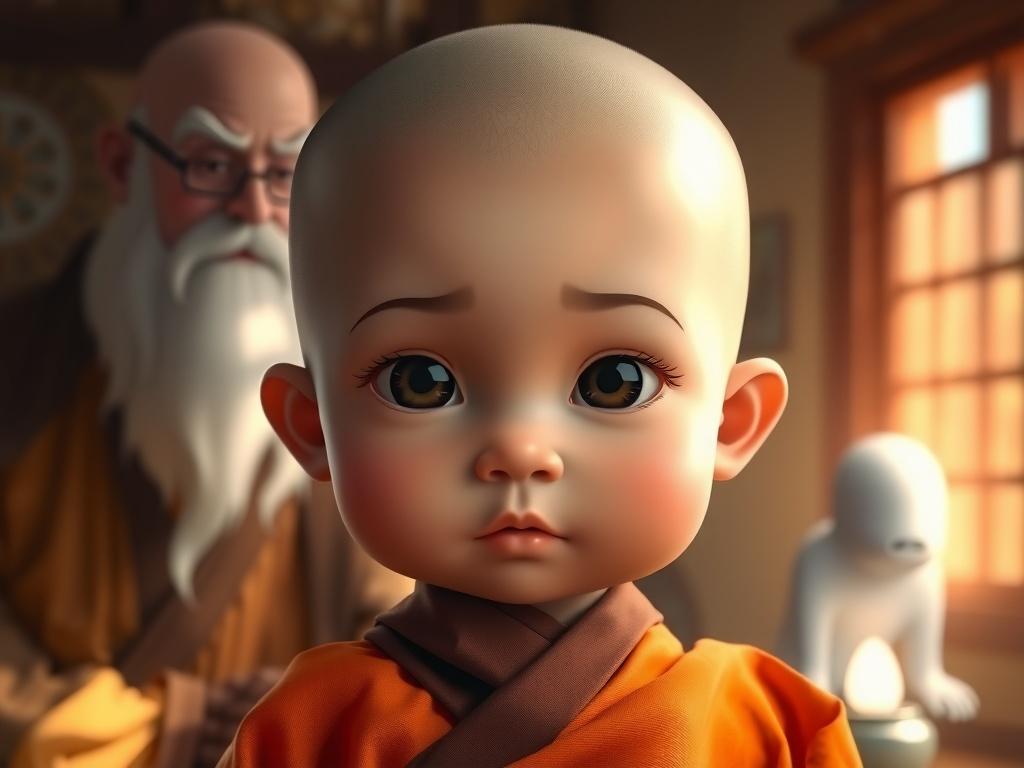 A digitally rendered young monk with a serene expression, with an elderly monk in the background.