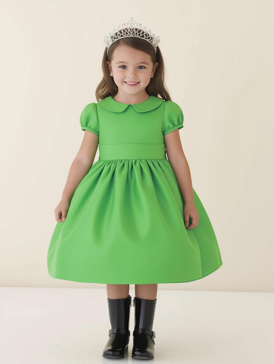 A three-year-old girl wears a light green, flared dress. She has a floral tiara on her head. She is wearing short black boots. The background is light and neutral.