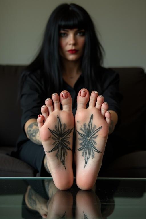 Mature goth woman displays tattooed soles of her bare feet while sitting on a sofa with feet on glass table. Woman has long black hair and wears black clothing.