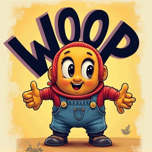 Cartoon character with cheerful expression. Bright colors dominate design with character wearing overalls. Arms outstretched showing excitement. Big letters saying 'Woop' in background.