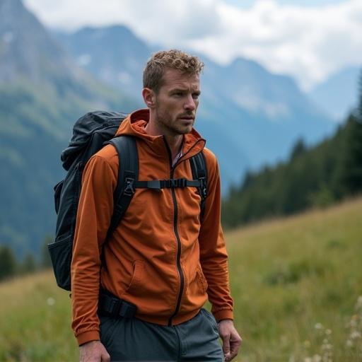 A man hiking in the mountains of Austria. He wears a hiking jacket and carries a backpack. The background features mountains and nature.