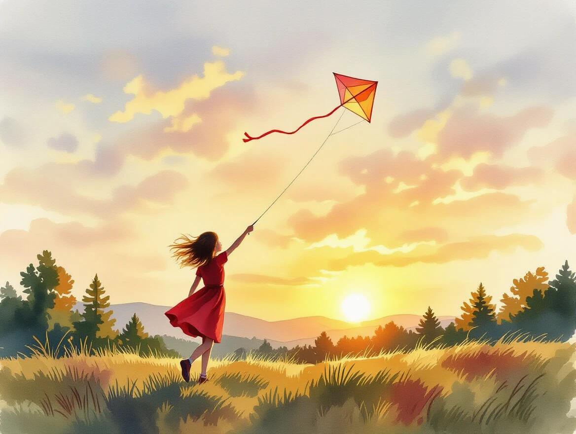 Watercolor painting showcases a girl in a red dress flying a kite on a hill at sunset. The wind gently blows through her hair. Trees are visible in the background. Soft golden lighting adds to the tranquil scene.