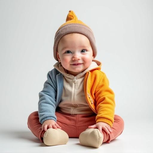 Portrait of a smiling infant in colorful attire seated on the ground against a bright background. Soft lighting enhances the cheerful expression with no visible shadows.