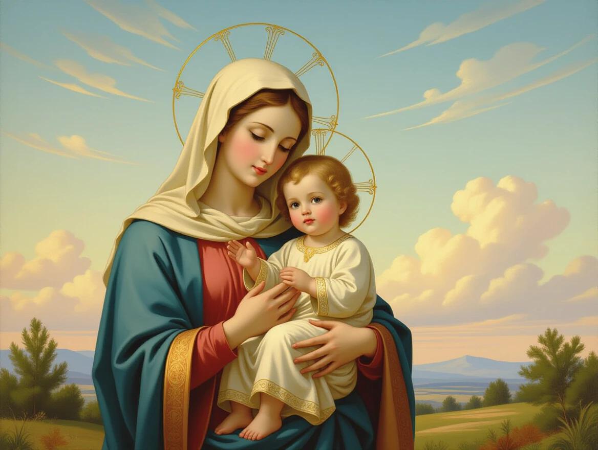 Holy Mary holds little Jesus in a painting style. The background features a serene sky with gentle clouds.