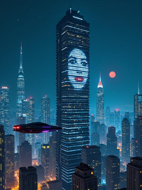 Photograph of a futuristic cityscape at night featuring a towering skyscraper with a stylized portrait on its facade. A sleek flying vehicle moves towards the building among densely packed illuminated buildings in a starry sky.