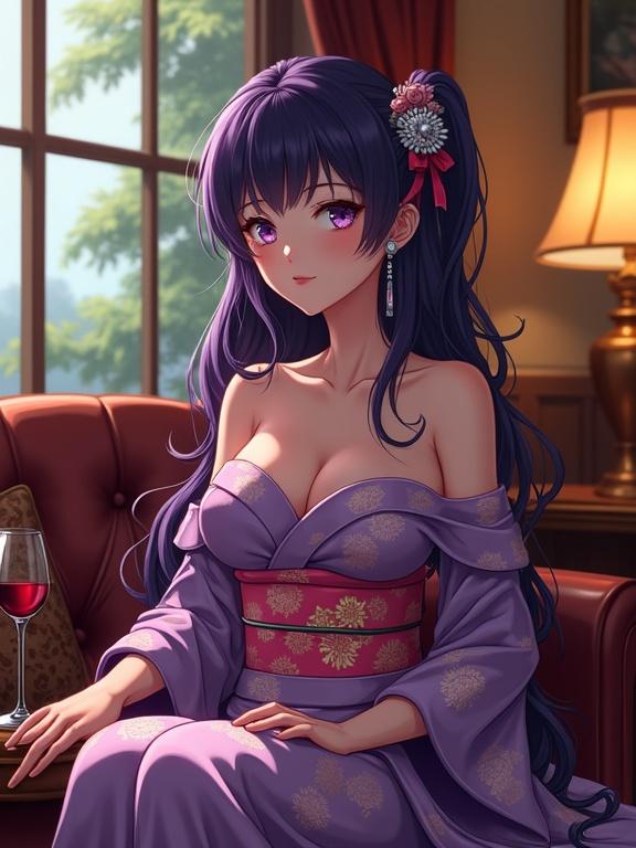 An anime beautiful lady in a luxurious retro lounge. She sits gracefully on a vintage leather sofa. Striking violet hair and violet eyes. Long silver pierced earrings add charm. Traditional Japanese shiny violet kimono with gold floral patterns. Stylish pink obi belt designed with gold flowers. Hair accessories include silver kannzashi and ribbon. Relaxed yet refined posture with crossed legs. One arm on the sofa and the other on the table with a glass of wine. Nostalgic warm lighting and vintage decor. Window view of trees enhances ambiance. Composed expression exudes grace and confidence.