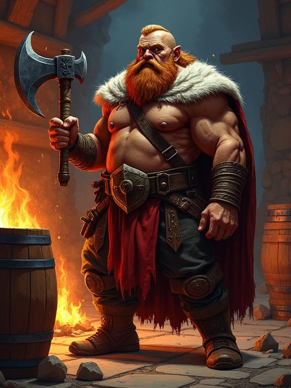 Digital comic book illustration featuring a muscular dwarf with a beard. Dwarf holds an axe and strikes a superhero pose. Surrounded by wooden barrels in a dimly lit tavern. Use vibrant colors along with dynamic fire lighting. High contrast and detailed textures on skin and fabric.