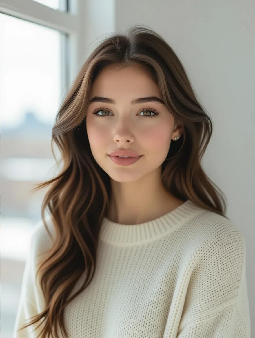 A beautiful young woman is wearing a cozy cream sweater. She has long wavy hair that adds elegance to the image. This is a close-up portrait taken in a softly lit environment with a window in the background.