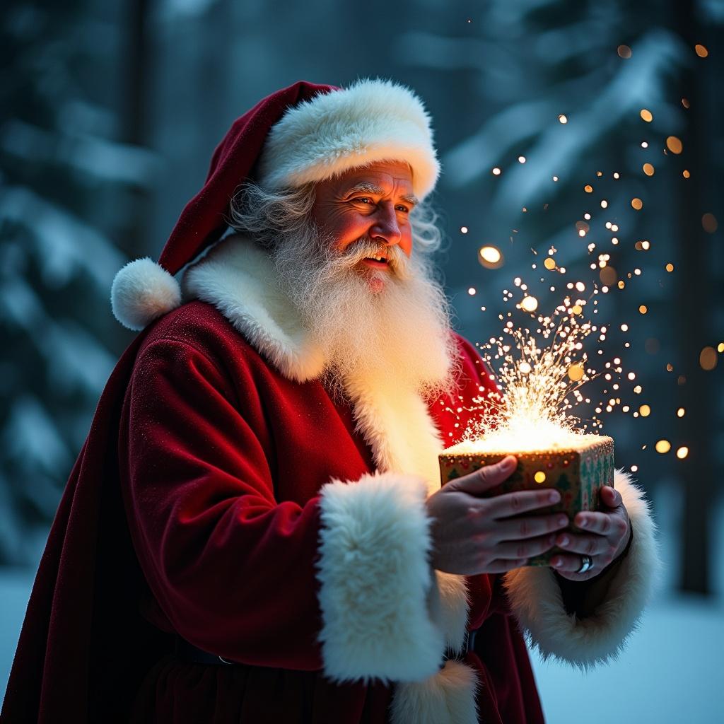 Father Christmas holds a glowing present in a snowy landscape. The scene is magical and festive, with a wintery atmosphere.