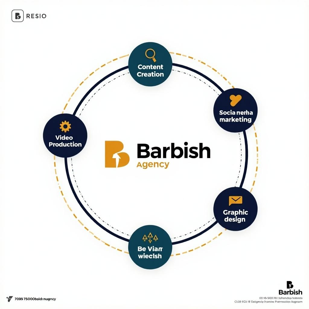 This image showcases Barbish Agency's services in a circular layout. The services include Content Creation, Social Media Marketing, Video Production, and Graphic Design. They are arranged in a circular flow around the center. The design is clean and minimalistic with a dominant color scheme of navy blue and gold. The agency's logo is prominently featured in the center, with contact information subtly included. The white background enhances clarity, making it easy to remove. The overall aesthetic is dynamic and polished, perfect for Instagram.