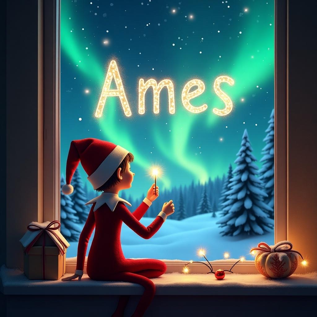 Elf on the shelf sitting with back to viewer. Gazing out window at night sky. Northern lights illuminating the scene. Writing name 'Ames' with magical wand. Peaceful winter landscape with snow-covered trees. Heartwarming holiday spirit.