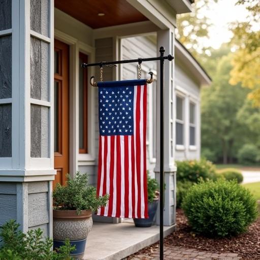 Vertical porch sign displays the USA flag. Sign positioned next to the entrance of a suburban home. Soft light bathes the scene from behind trees.