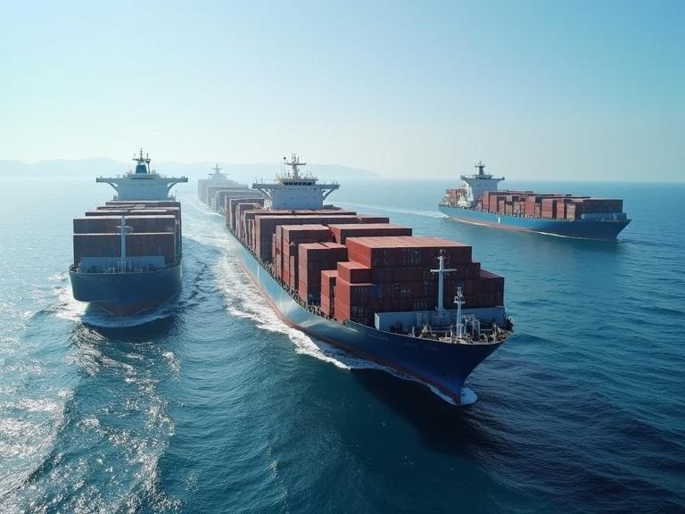 AP professional photography showing a fleet of container ships fully loaded on the ocean with a clear sky and calm water