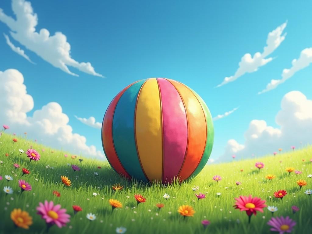 A vibrant ball sits in a sunny, grassy field. The ball features bright stripes of orange, yellow, pink, and blue. Surrounding the ball are delicate flowers that add a splash of color to the green grass. The sky is clear with fluffy white clouds, creating a cheerful atmosphere. It's a perfect day for outdoor play, evoking feelings of joy and nostalgia. This scene captures the essence of childhood fun and nature's beauty.