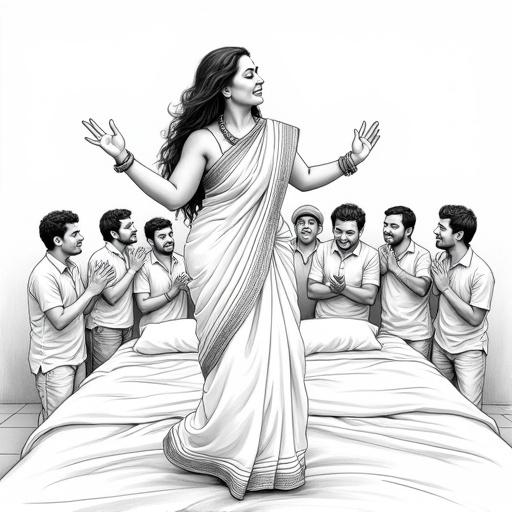 Black and white drawing of an Indian woman dancing in saree in a bedroom. Young Tamil men are clapping and enjoying the performance. They are standing by the bed watching.