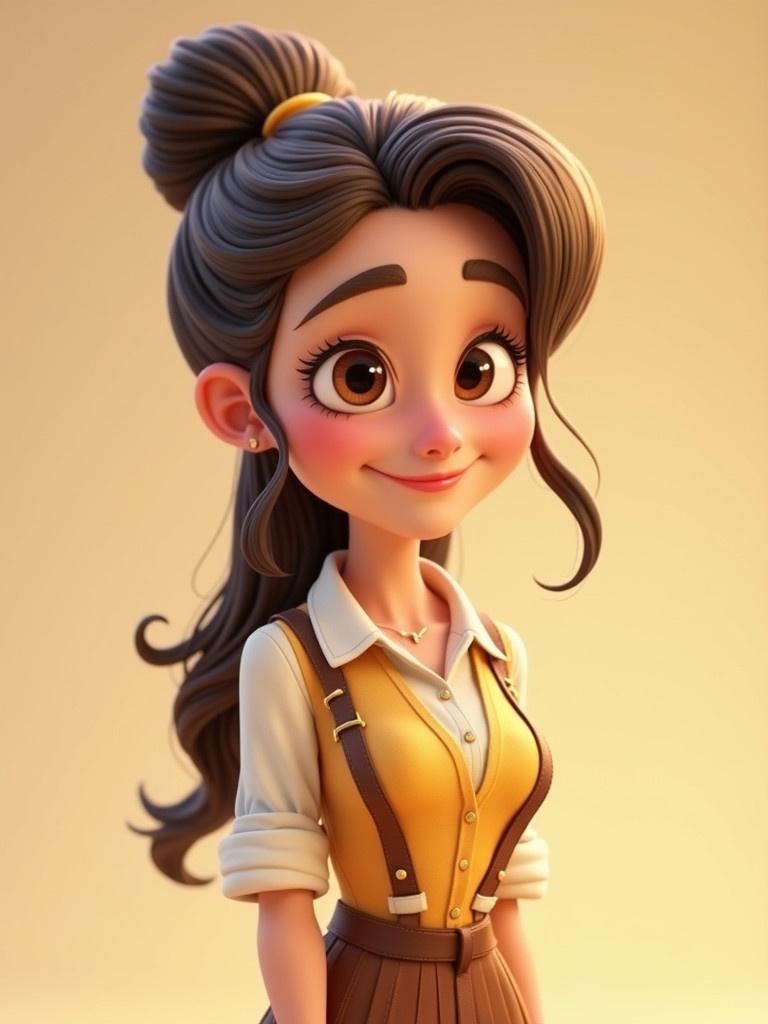 This image shows a 3D cartoon character. Character is a young woman with long hair tied back elegantly. She wears a warm motherly outfit that combines nostalgia and modern elements. The character's expression is friendly and inviting. The warm color palette contributes to her approachable look. The style is realistic yet playful and fits well in animation and storytelling contexts.