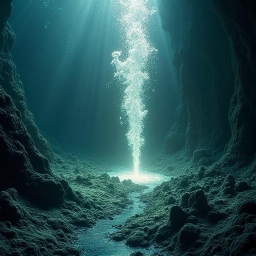 This is a macro photograph of the primordial ocean's abyssal zone. Towering hydrothermal vent made of dark volcanic rock spews shimmering heat waves and bubbles. Faint bioluminescent microbial mats in deep blue and pale green cling to the vent. Central focus is a bright spark of pure white and gold light amidst turbulence. Volumetric lighting creates god rays piercing dark water. A moody and ancient atmosphere is captured with photorealism.
