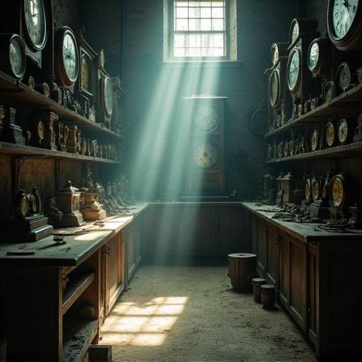Cinematic wide shot of a dusty old-fashioned clockmaker's workshop with shelves filled with ticking clocks of various sizes. Gears and tools are scattered about. A sunbeam cuts through the gloom illuminating dust motes in the air with moody lighting.