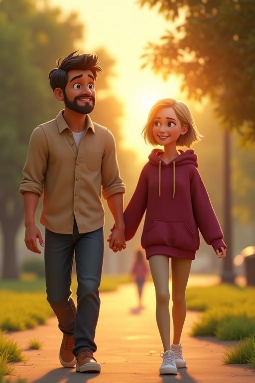 A stylized cartoon scene in a Pixar-style universe. A muscular man with dark hair and short beard walks hand in hand with a young woman in a red hoodie. They are in a park at golden hour. A distant woman watches them with sorrow. The lighting is warm and soft.