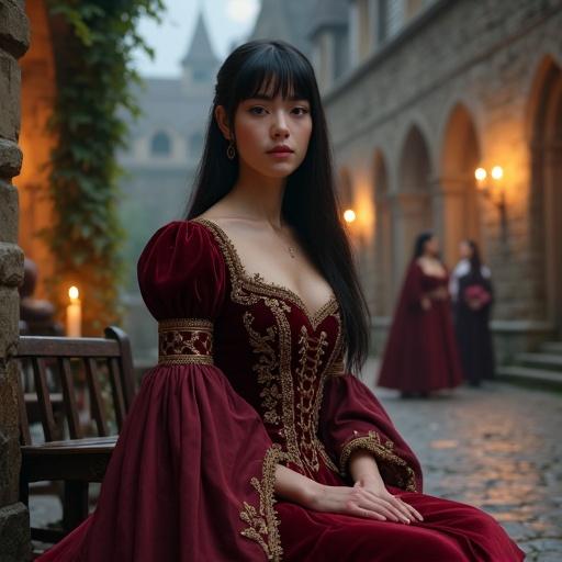 Ultra-realistic fantasy portrait of a young noblewoman in a medieval castle courtyard. She has fair skin, brown eyes, and long black hair. She wears a burgundy velvet gown with intricate gold embroidery. Gentle candlelight surrounds her. Other ladies in medieval attire are nearby. Moonlight filters through arches.